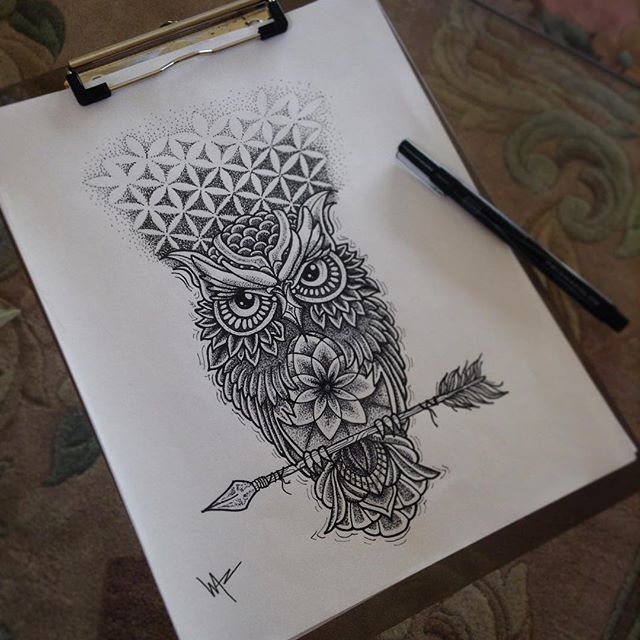 Beautiful dotwork owl sitting on arrow with geometric background tattoo design