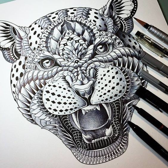 Beautiful full-ornate roaring leopard tattoo design
