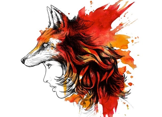 Beautiful girl and fox heads with watercolor effect tattoo design