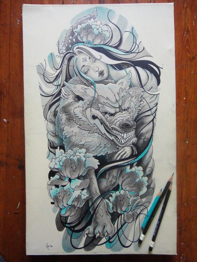 Beautiful grey-and-turquoise wolf and girl tattoo design in japanese style