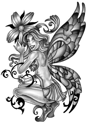 Beautiful grey-ink fairy keeping black curles tattoo design