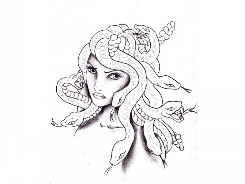 Beautiful grey-ink medusa gorgona head tattoo design