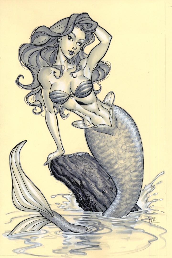 Beautiful grey-ink mermaid posing near the rock tattoo design