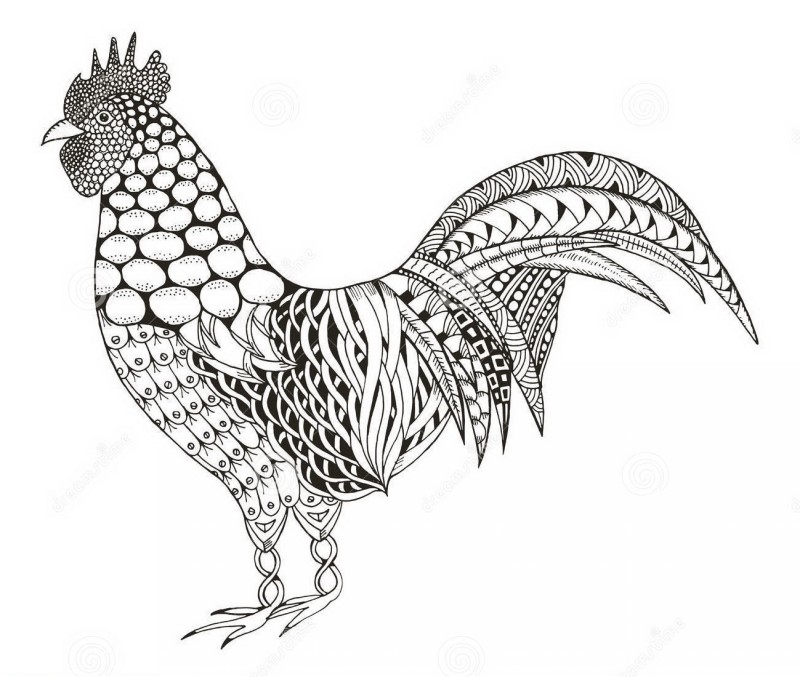 Beautiful grey-ink rooster with different patterns tattoo design