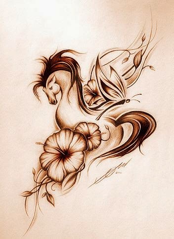 Beautiful horse and hibiscus flowers tattoo design