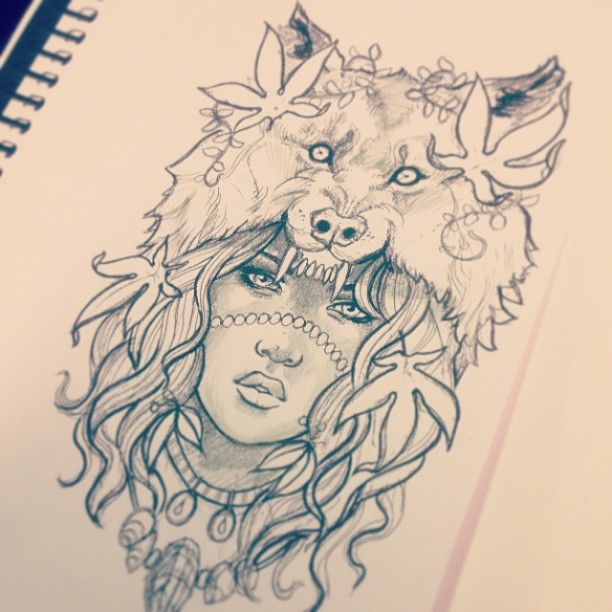 Beautiful indian girl in white wolf hat tattoo design
