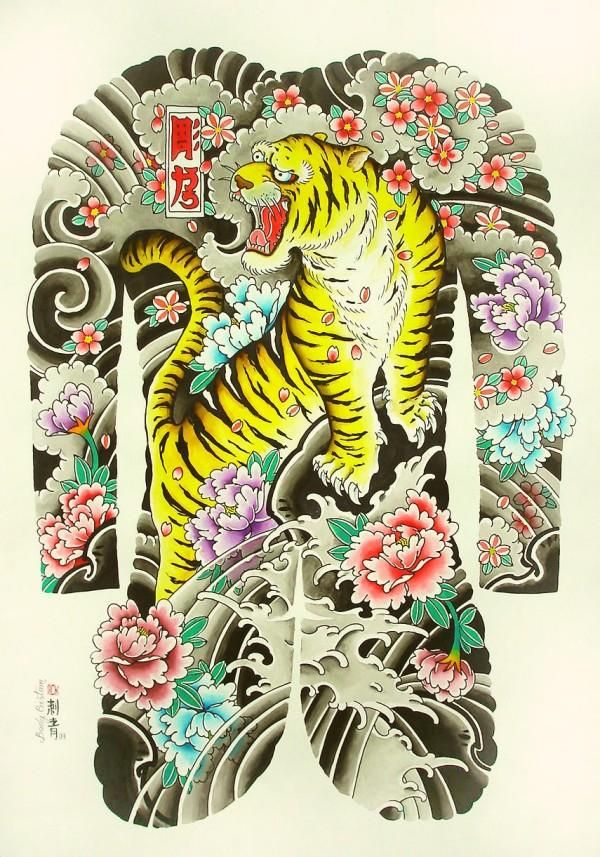 Beautiful japanese-style tiger tattoo design on whole back