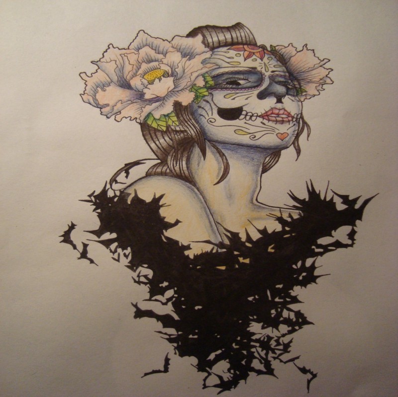 Beautiful muerte make-up girl and black bat flock tattoo design