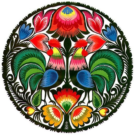 Beautiful multicolor folk ornate rooster picture tattoo design