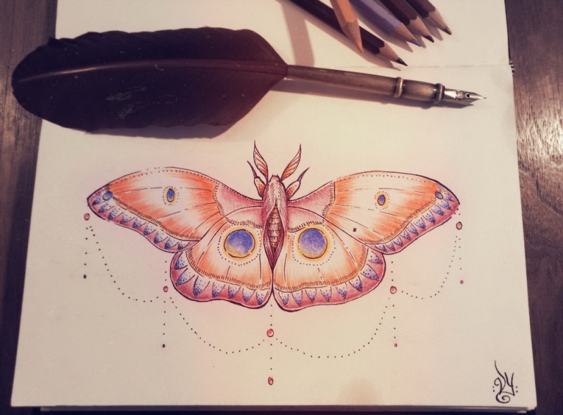Beautiful orange moth with lace tattoo design by Necronom Iv
