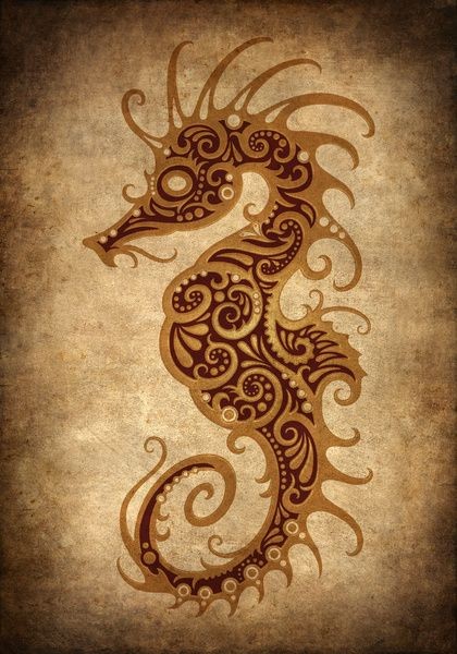 Beautiful patterned seahorse in brown colors tattoo design