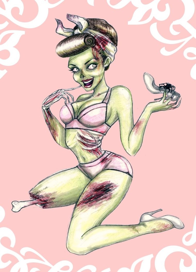 Beautiful pin up zombie girl keeping a shoe with a spider tattoo design