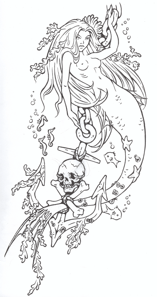 Beautiful uncolored mermaid and chained anchor with weeds tattoo design