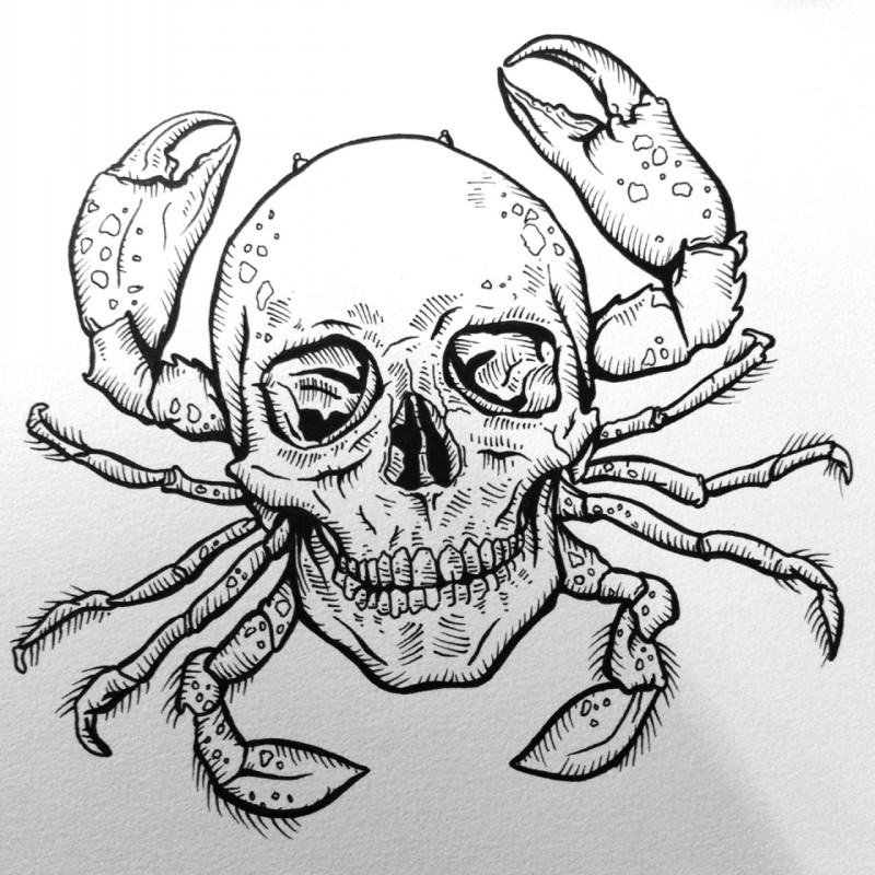 Beautiful uncolored skull-body crab tattoo design