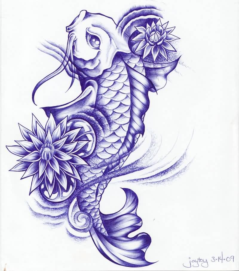 Beautiful violet-color koi fish and lotus flowers tattoo design