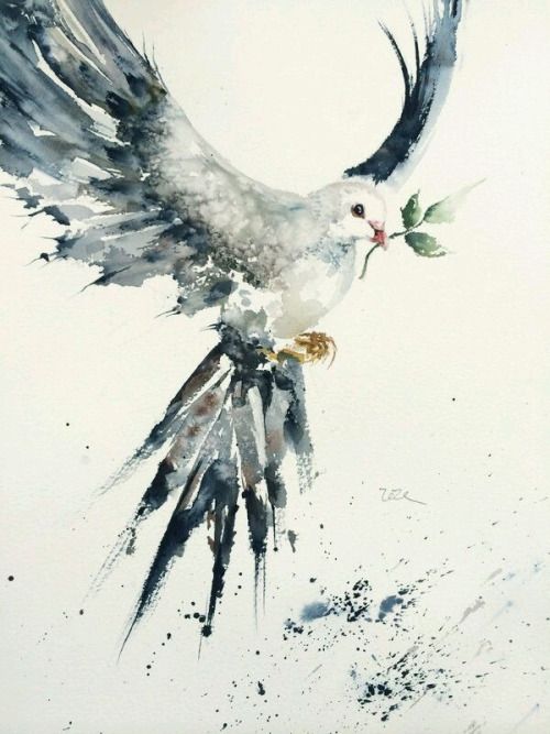 Beautiful watercolor dove with green branch in a beak tattoo design