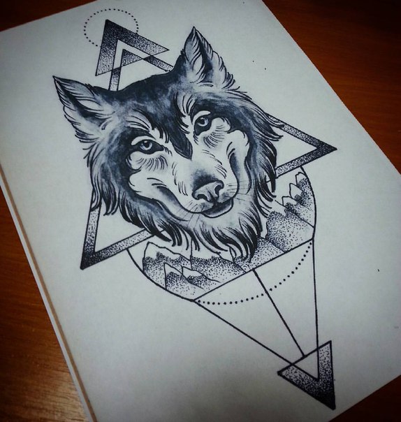 Beautiful wolf muzzle on geometric gackground tattoo design
