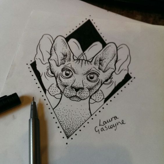 Bifurcated dotwork sphynx cat on black rhombus background tattoo design