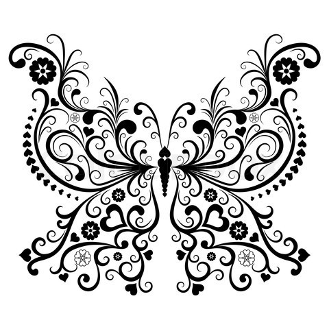 Big black butterfly with floral and heart elements tattoo design