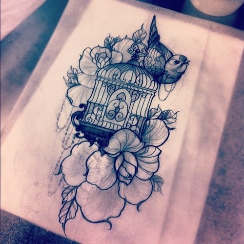 Big cage with roses and singing little bird tattoo design