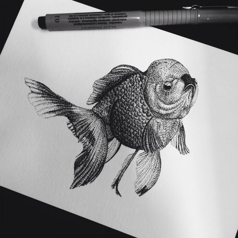Big dotwork swollen-face fish tattoo design