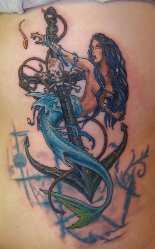 Big iron anchor with sexy mermaid tattoo for men on rib-side