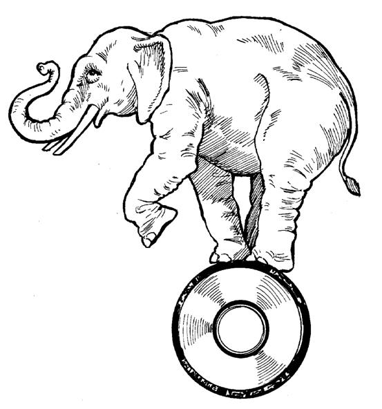Big uncolored elephant riding a wheel tattoo design