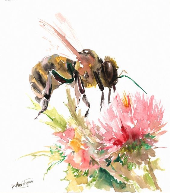 Big watercolor bee gathering honey from pink flower tattoo design