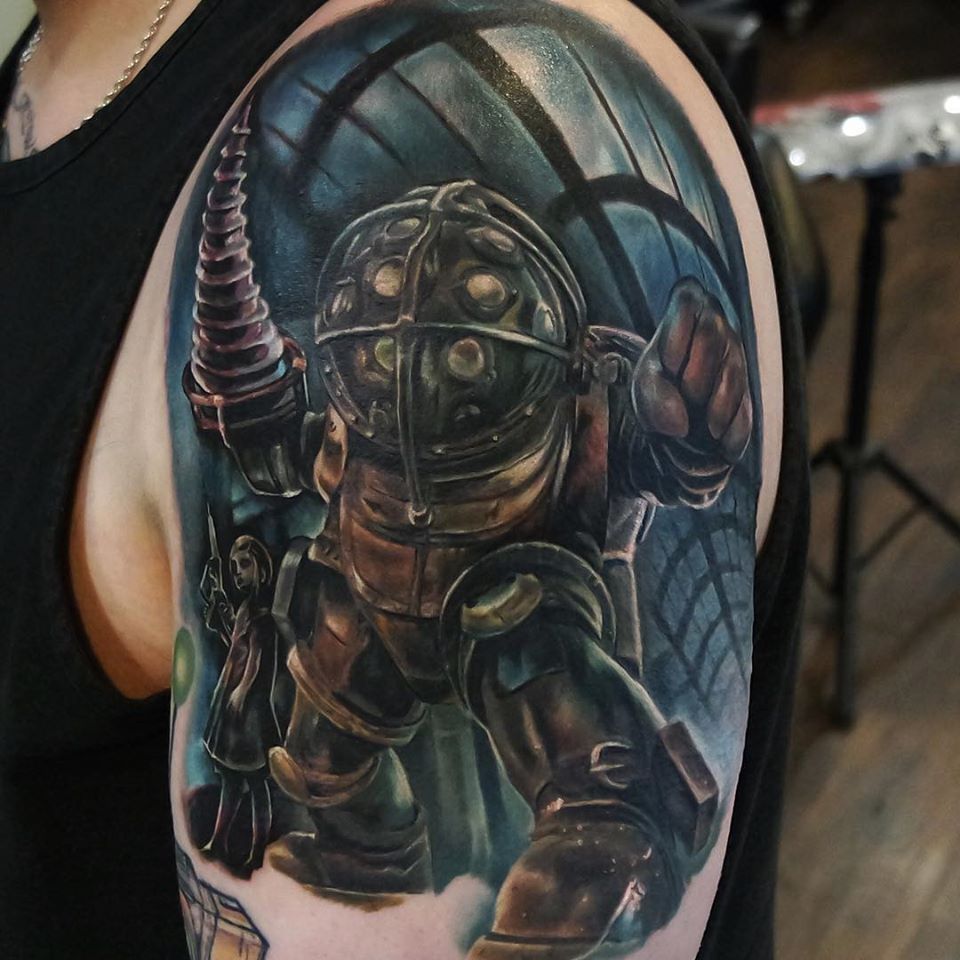 Bioshock theme tattoo on shoulder