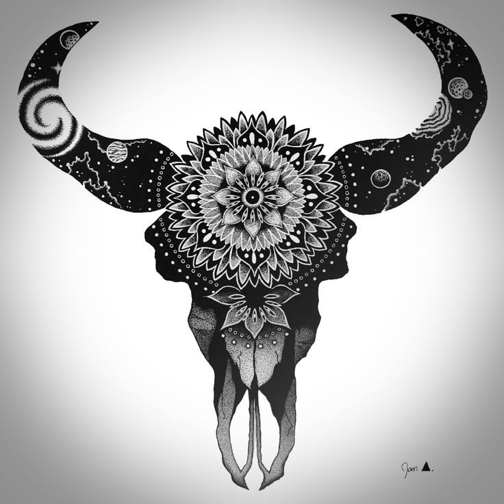 Blacck-ink bull skull with mandala decoration tattoo design