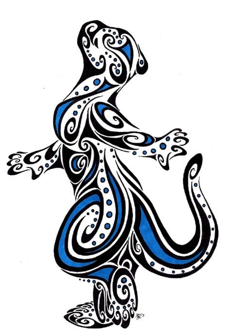 Black-and-blue tribal dancing rodent tattoo design