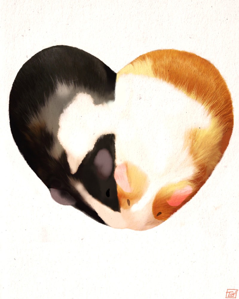 Black-and-brown heart-shaped rodents tattoo design