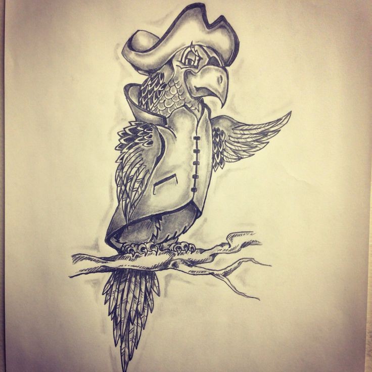 Black-and-grey comanding pirate parrot tattoo design