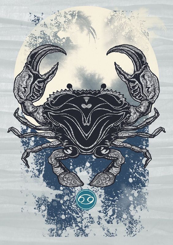 Black-and-grey crab on dark blue splashed background tattoo design
