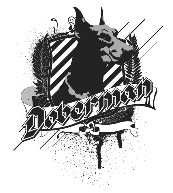 Black-and-grey doberman with coat of arms and banner tattoo design