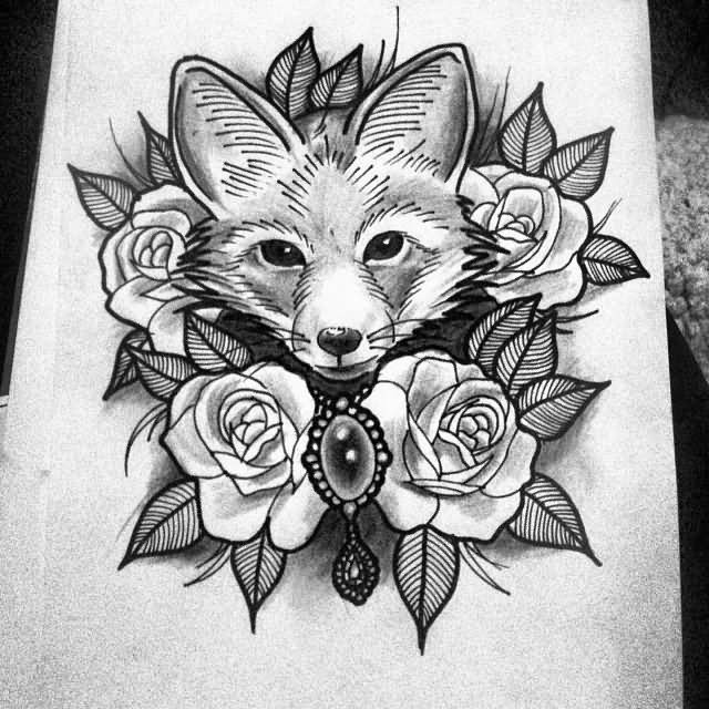 Black-and-grey fox muzzle with roses tattoo design