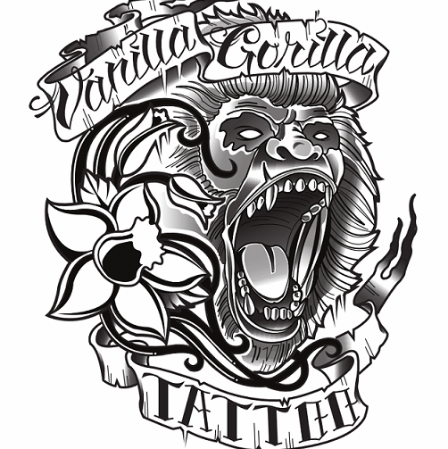 Black-and-grey gorilla head with flower and banner tattoo design
