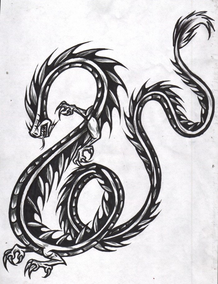 Black-and-grey long-body asian dragon tattoo design by Zrcalo