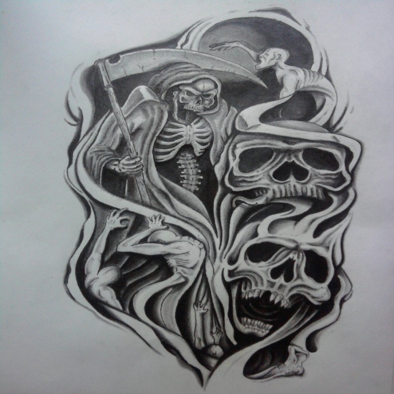 Morte ominosa em preto e cinza com muitos desenhos de tatuagem de crânios humanos