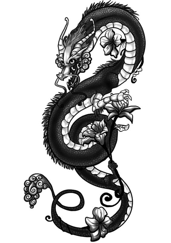 Black-and-grey oriantal dragon and lily flowers tattoo design