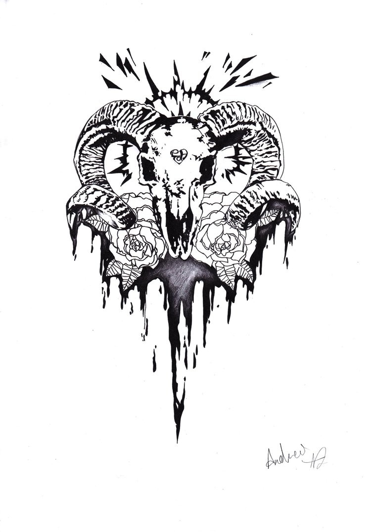 Black-and-grey ram skull with flowers on shining background tattoo design by Macchii