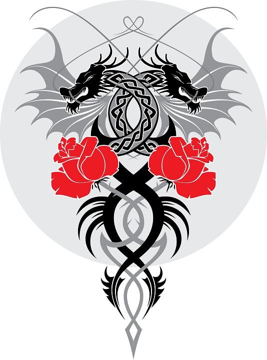 Black-and-grey refleted angry dragons and bright red roses tattoo design