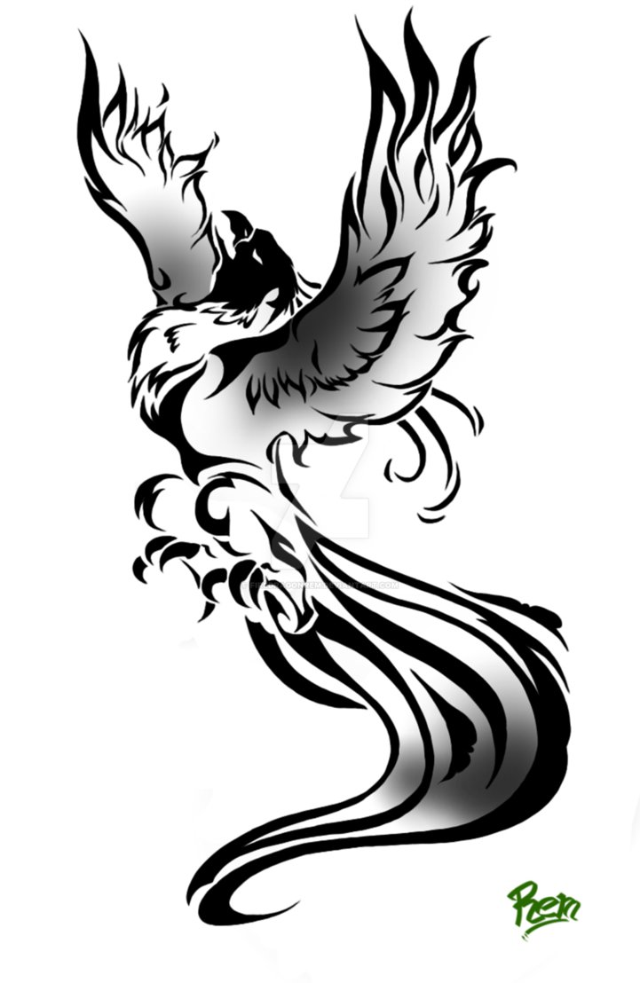 Black-and-grey rising phoenix tattoo design by Fire Dragon Rem