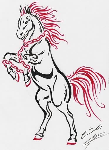 Black-and-red chained unicorn standing on hindquarters tattoo design