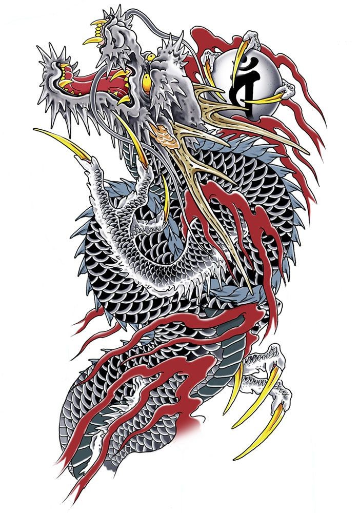 Black-and-red chinese dragon with sharp yellow clutchers tattoo design