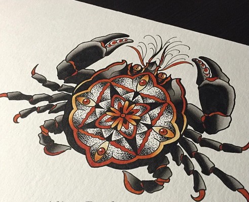 Black-and-red dotwork mandala-patterned crab tattoo design