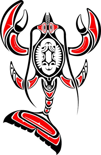 Black-and-red maori-style water animal tattoo design