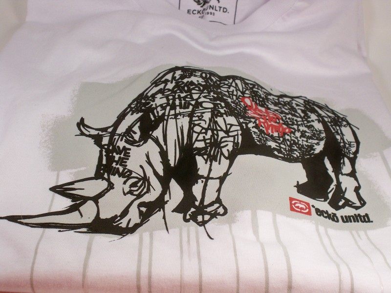 Black-and-red rhino with lettered pattern tattoo design