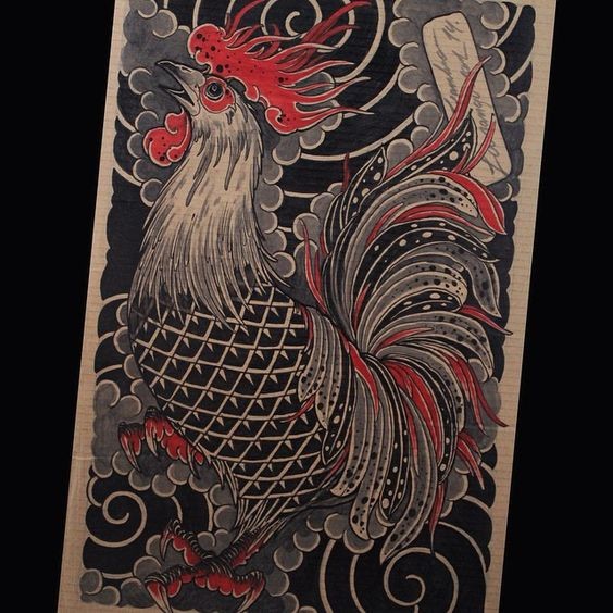 Black-and-red rooster in grey smoke tattoo design