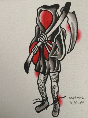 Morte tatuada em preto-e-vermelho usando o desenho de tatuagem de tênis